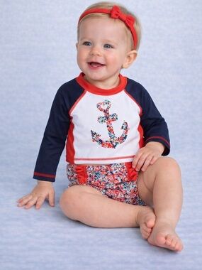 Cat & Jack Baby Girl Rash Guard Set Floral Anchor Swim 3-6M Nautical